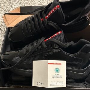 Prada Men's Black and Red Sneakers/Patent leather and technical fabric